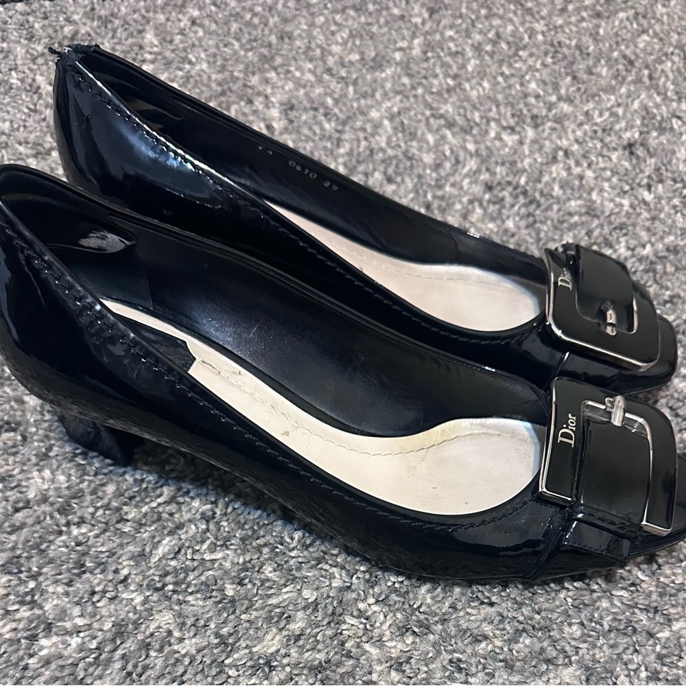 Dior Black Patent Leather Heels with Silver Buckle